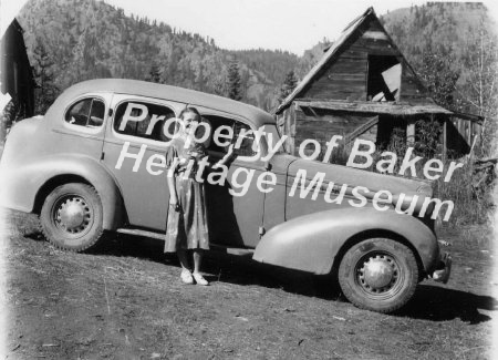 Nadine McCray & old car, Cornu