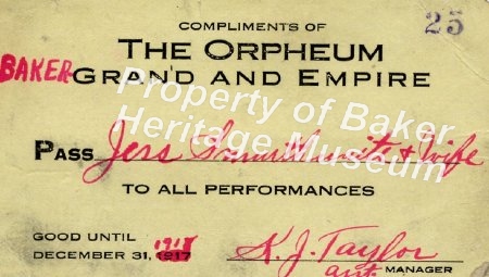 Theater pass for Orpheum, Grand & Empire
