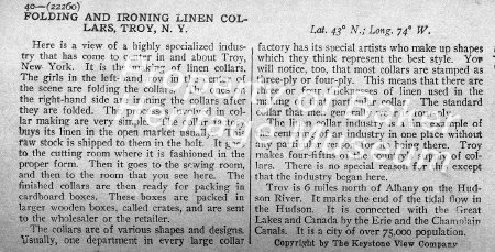 Folding and ironing linen collars, Troy, NY descrip