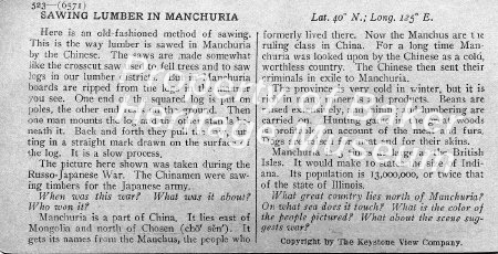 Sawing lumber in Manchuria description