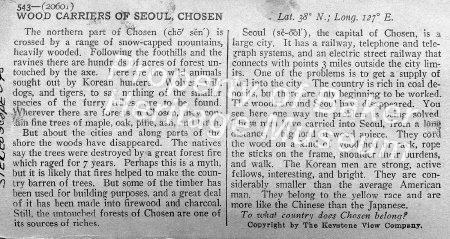 Wood carriers of Seoul, Chose (Korea) descript